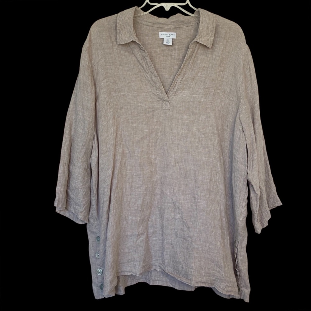 Antibes Blanc Linen Tunic Top Womens 1X Button Minimal Vacation Coastal Casual